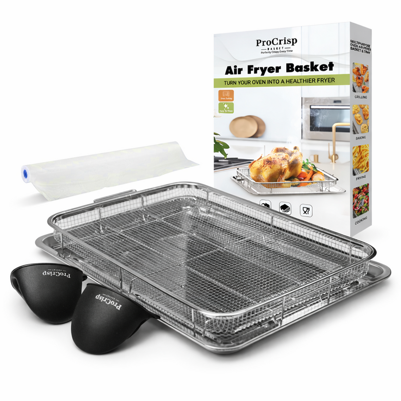 Air Fryer Basket, Stainless Steel Air Fryer Tray for Oven with Mini Silicon Mitts & Parchment Papers